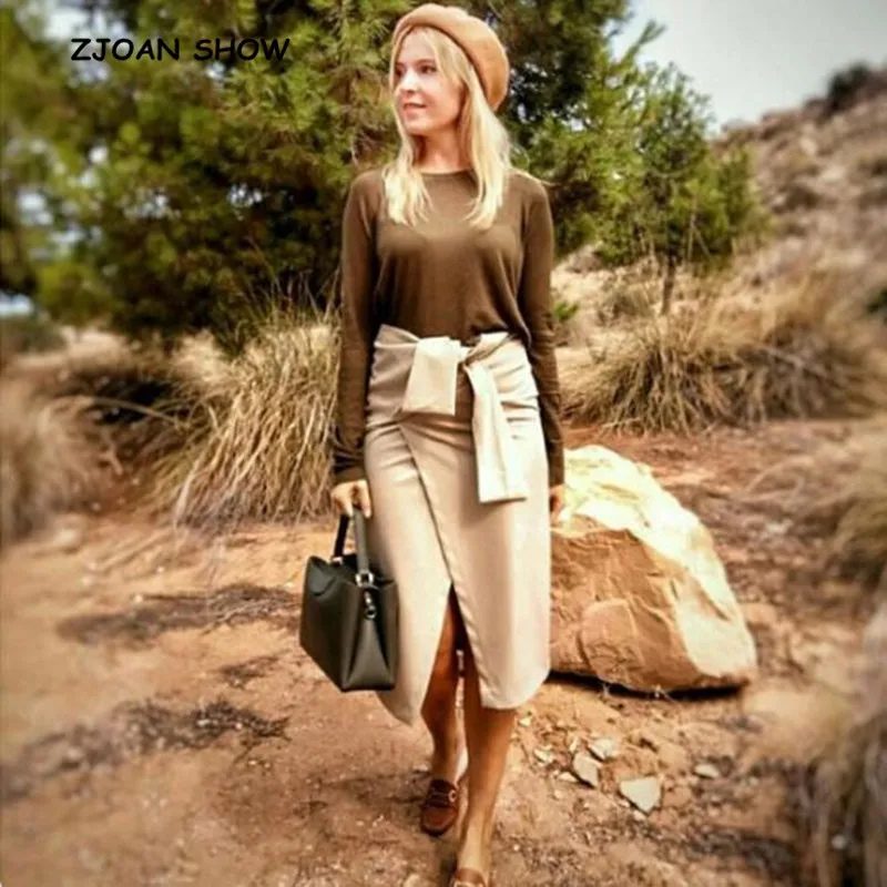 

Vintage Bow Asymmetrical Hem Slit Skirt New Woman High Waist Mid long Irregular Skirt Femme 2 color