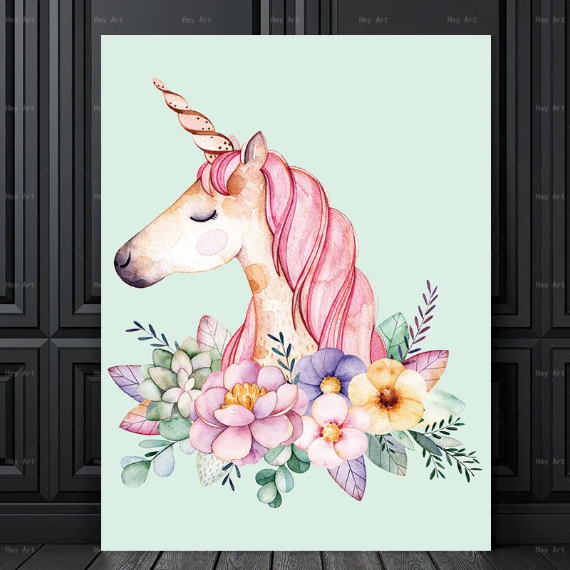 Frameless Printing Flower Wall art Cartoon Animal Pictures for Wall Posters and Prints Flamingo unicorn Canvas Painting