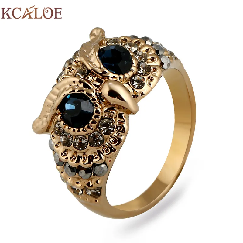 

KCALOE Owl Rings For Women Blue Cubic Zirconia Vintage Rhinestone Titanium Gold Color Animal Ring Punk Rock Jewelry Bague