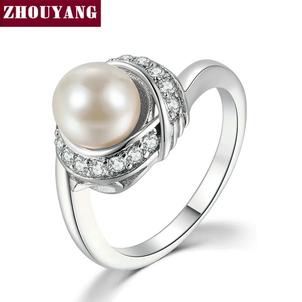 ZHOUYANG, обручальные кольца для женщин, простой искусственный жемчуг, кубический цирконий, серебряный цвет, обручение, подарок, модное ювелирное изделие R670 R676 - Цвет основного камня: White Gold Color