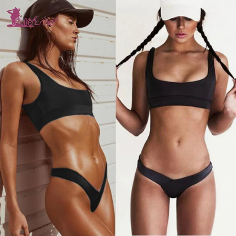 Lurehooker Bandage Bikinis Summer Halter Bathing Suit Two-piece Swimwear Sexy Low Waist Solid BikiniWomen Split Beach Swimsuit |