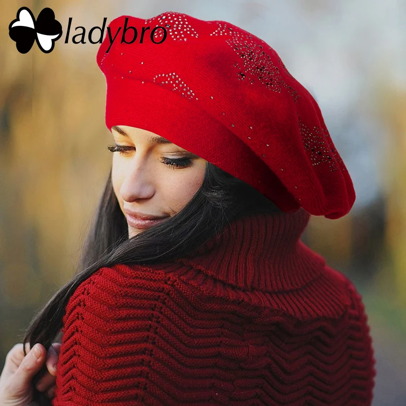 

Ladybro Double Layer Rhinestones Wool Hat Women Autumn Winter Hat Warm Beret Female Knitted Hat Cap Boina Women's Beret Hat