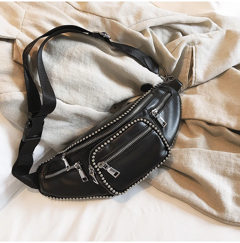 Toposhine черный PU кожа поясная сумка для Для женщин 2018 с заклепками украсить девушка сумка компактным качество женский Поясные сумки