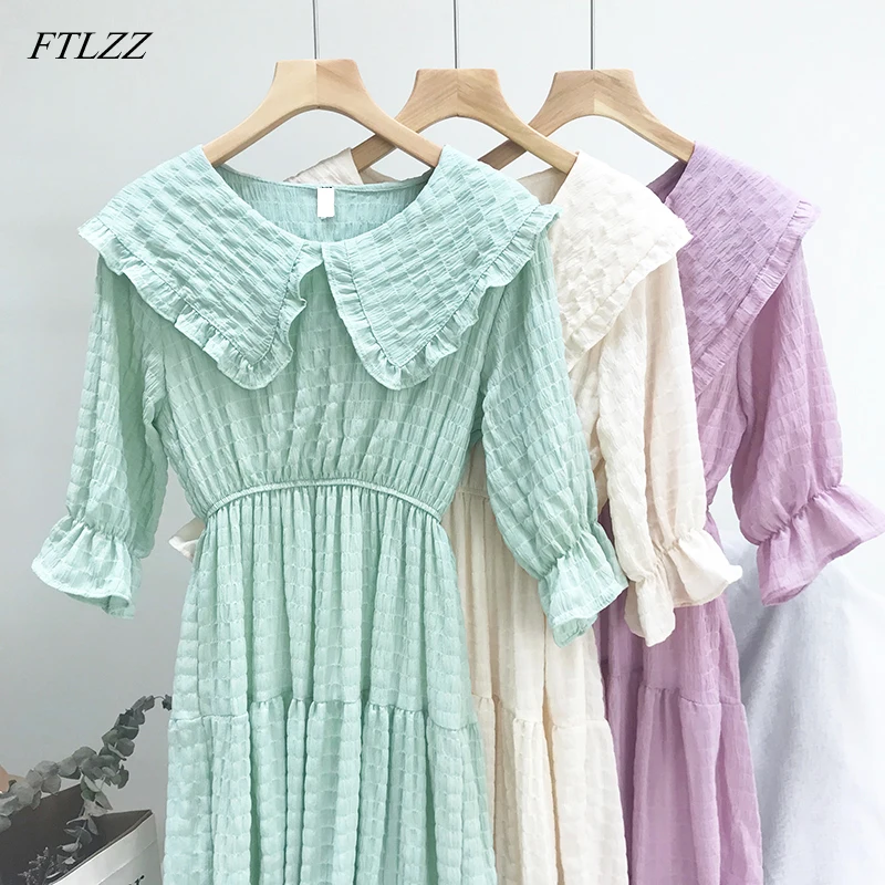 

FTLZZ New Women Casual Dress Summer Short Sleeve Vintage Peter Pan Collar Ruffles A-line Dresses Vestidos