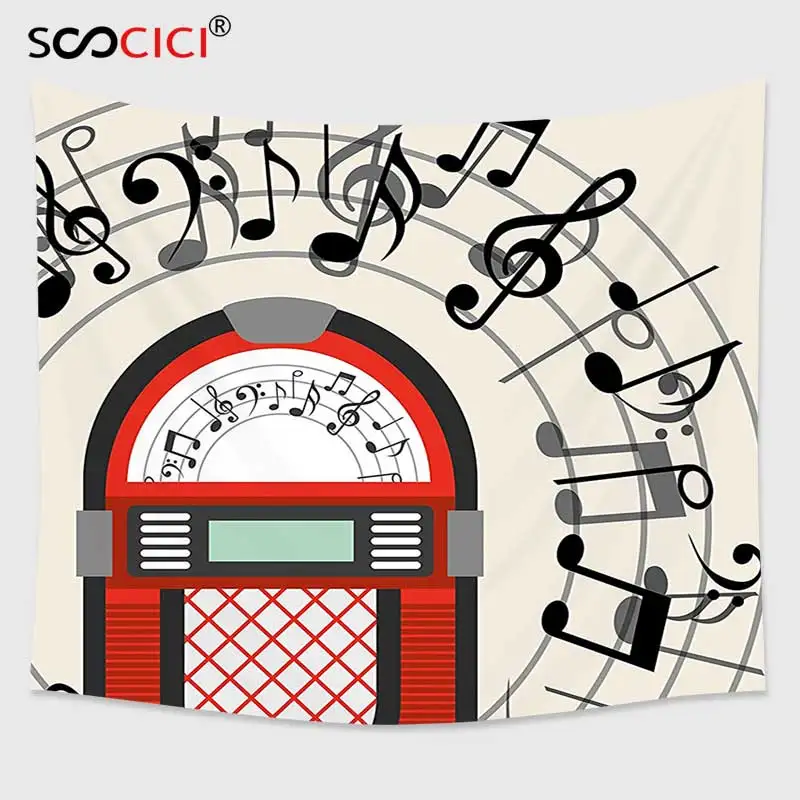 

Cutom Tapestry Wall Hanging,Jukebox Cartoon Antique Old Vintage Radio Music Box Party with Notes Artwork Black White Grey
