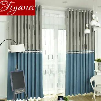 

Stitching Curtain Grey and Blue Geometric Blackout Curtain for Living Room White Sheer Fabric Drape Window Treatment X361#30