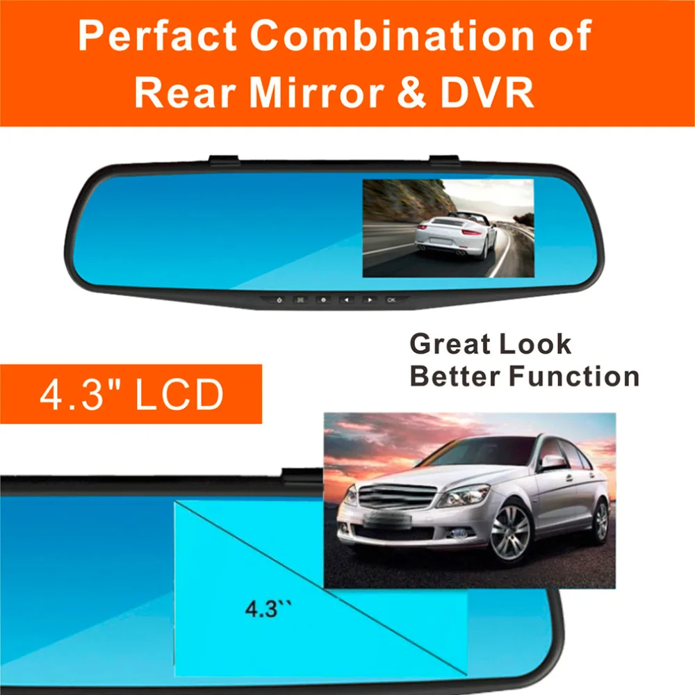 

New 4.3 Inch Dual Lens Video Recorder Dash Cam Rearview Mirror Car Camera Waterproof DVR Rear View Camera G-Sensor RM-LC2010