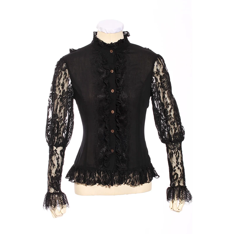 

Women's Vintage Victorian Blouse Steampunk Gothic Black Lace Ruffled Shirt Blouse
