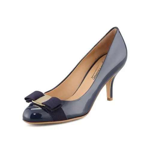 Round Toe Bow Decoration High Slim Heel Pumps Navy Blue Patent Leather Slip on Ladies Shoes