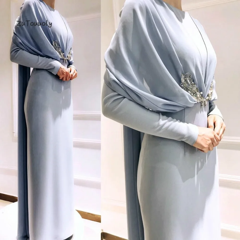 

Elegant Blue Arabic Evening Dress Long Sleeves Chiffon Formal Party Evening Gown For Women Chic Maxi Muslim Evening Dresses 2019
