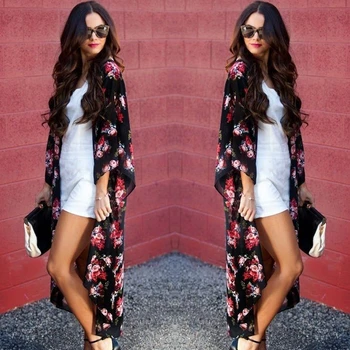

Women Long Blouses Casual Vintage Kimono Cardigan Blouse Ladies Summer Kimono Shirt Retro Loose Floral Printed Blouse Tops Black