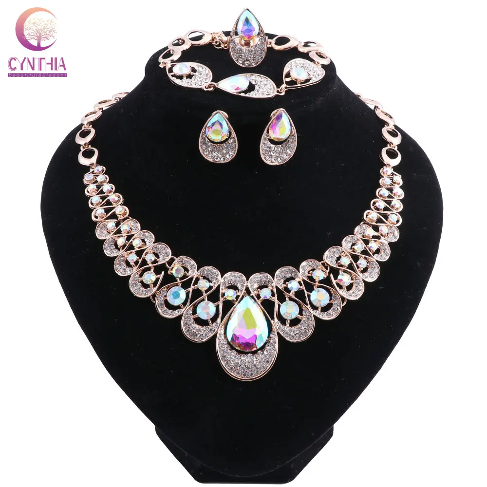 Tassel Crystal Bridal Wedding Jewelry Sets for Women Gold Color Water