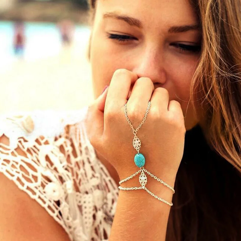 

Fashion Chain Bracelet Drop Punk Silver Plated Women Metal Hand Harness Chain Green Stone Beads Slave Finger Ring Boho Jewelry