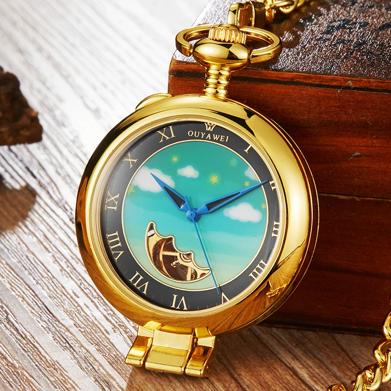 Luxury Retro Golden Hollow Mechanical Pocket Watches Unique Sky Moon