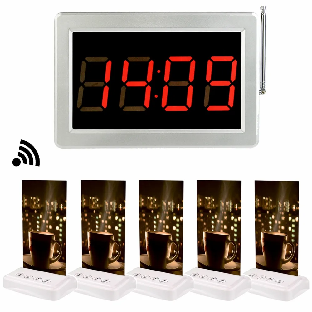 

1pcs 433MHz Receiver Host +5pcs Call Transmitter Button Pager with Table Card Wireless Restaurant Coffee Shop Calling System