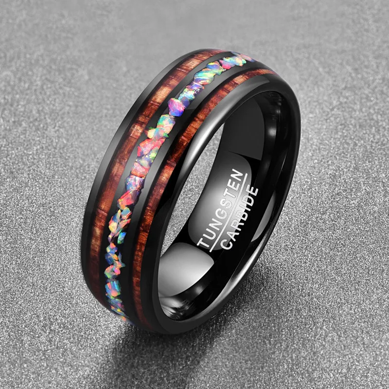 2018 Personality Tungsten men's Ring Engagement Wedding Jewelry ring vintage Dome Black Acacia Wood Opal rings never fade