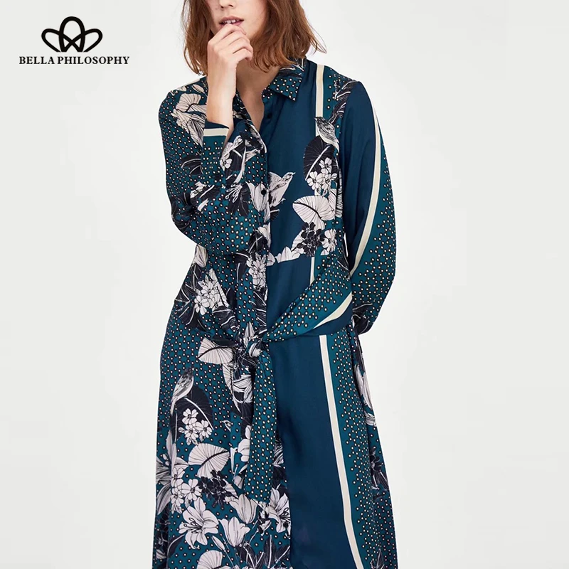 

Bella Philosophy 2018 Spring Women Vintage Knee Length shirt Dress Print Long Sleeve Sashes shirt Dress Patchwork shirt Dress
