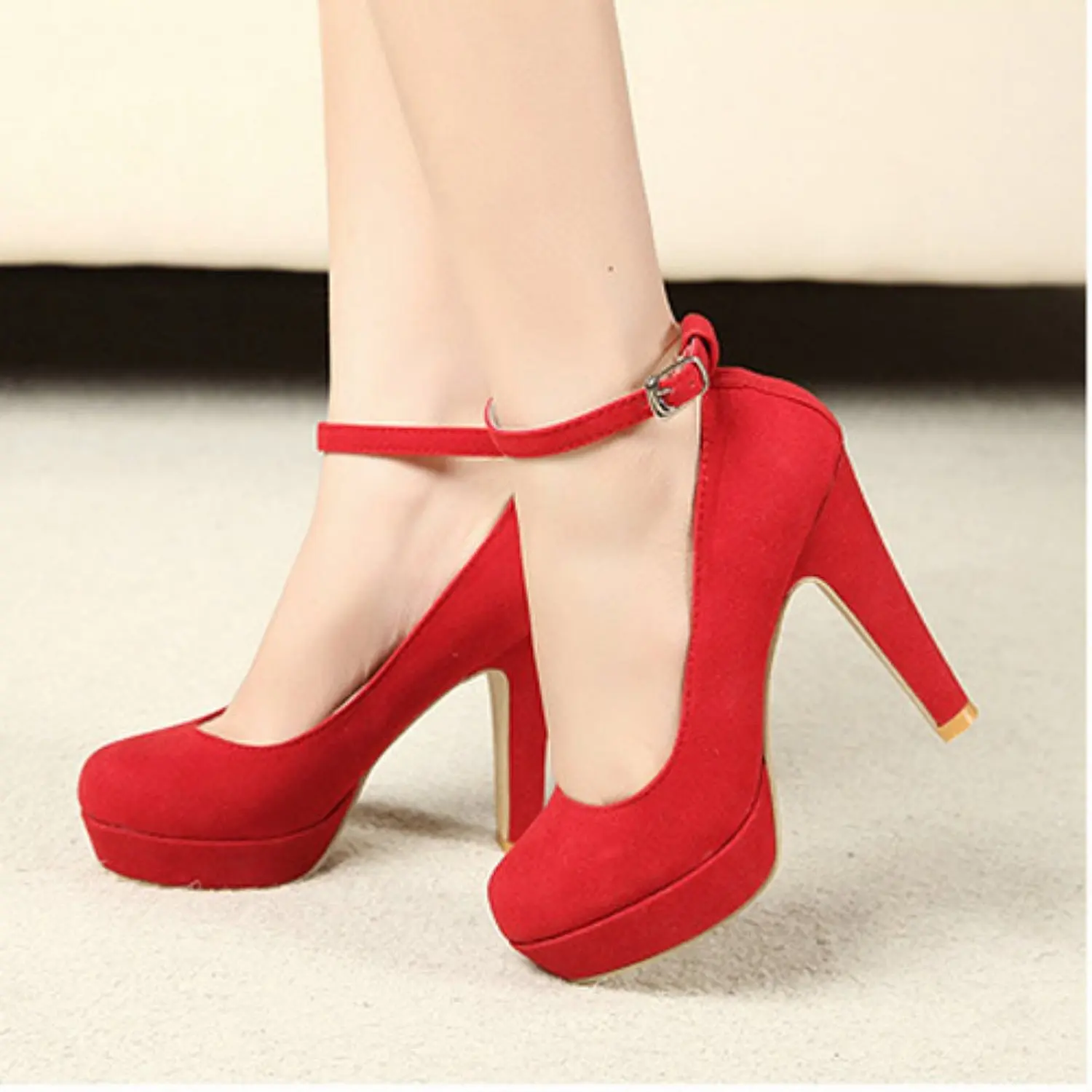 

VSEN 2X High Heel Platform Stiletto Ankle Strap Buckle Pumps Suede Shoes