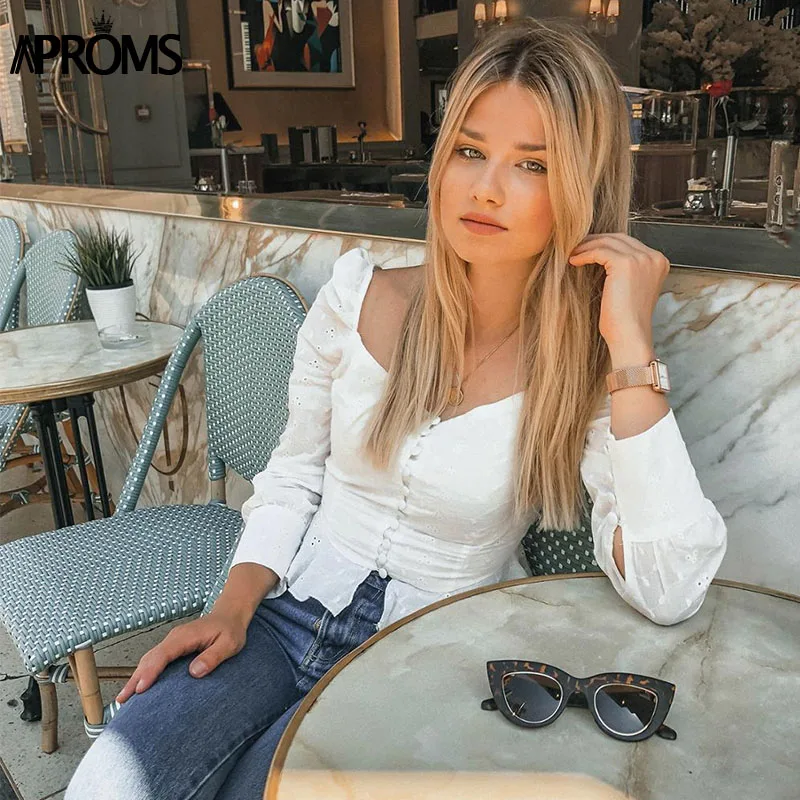 Aproms Sexy Square  Neck Long Sleeve Lace Crochet Blouse Shirt Women Button Down White Crop Tops Summer High Street Blusas 2020