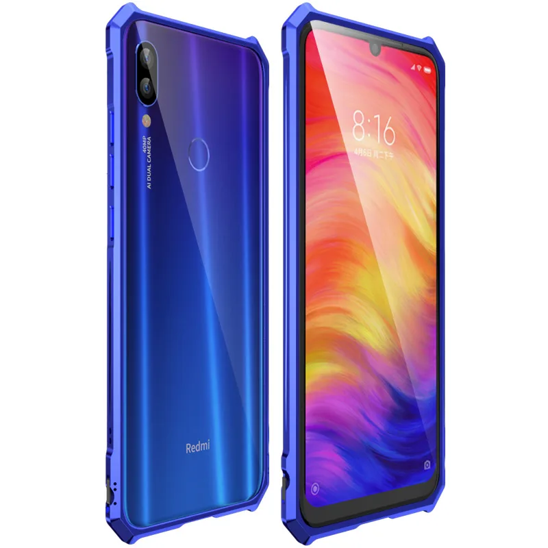 Роскошный металлический бампер для Red mi Note7 чехол, боковая задняя крышка из закаленного стекла для Xiao mi red mi Note 7 Чехол, алюминиевая рамка - Цвет: Синий