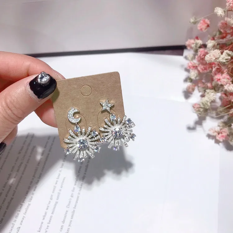 moon star flower cz earrings 925 silver stud Hypoallergenic fadeless alloy fashion jewelry stud earrings for women gift