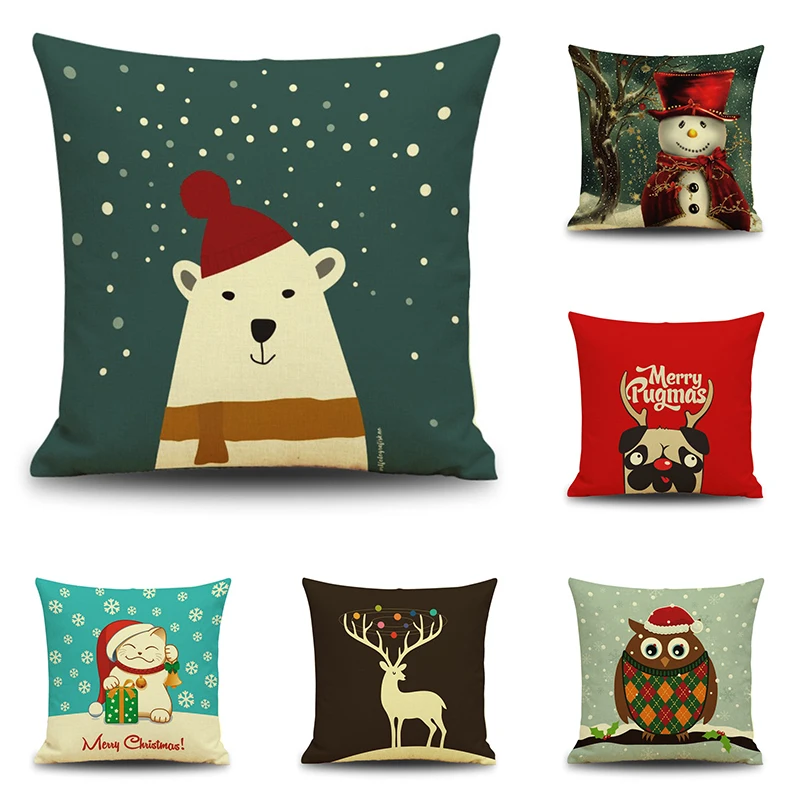 

High Quality flax Pillow Case Christmas Reindeer Printing Dyeing Bed Home Decor Cushion Cover Christmas Decor Pillowscases