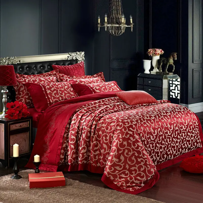 4pcs Set Luxury Damask Silk Bedding Full Size Red 4pcs Set Luxury Damask Silk Bedding