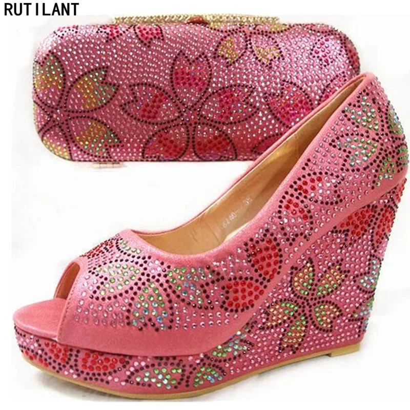 

Fuchsia Color Italian Shoes and Bags To Match Shoes with Bag Set Decorated with Rhinestone Nigerian Wedding Shoes and Bag Sets