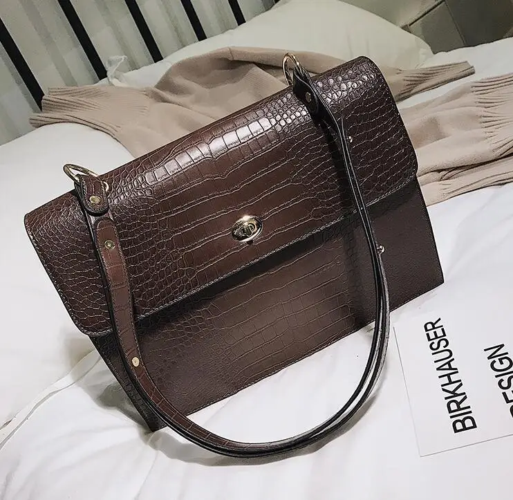 Европейская мода, женская большая сумка, новинка, качественная искусственная кожа, женская большая сумка с крокодиловым узором, сумки через плечо - Цвет: Кофе