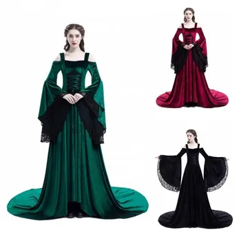 

New Vintage Women Lace Cold Shoulder Long Dress Plus Size Medieval Flare Sleeve Dress Cos Clothing Halloween Dresses