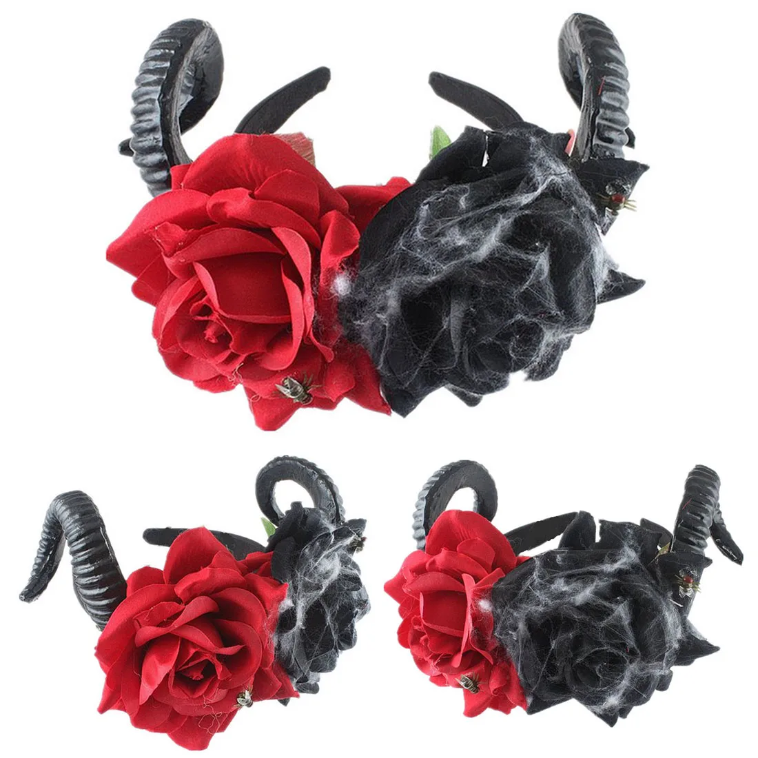 

Hair Accessories Demon Sheep Horn Rose Flower Headband Gothic Kawaii Skull Horror Halloween Party Cosplay Retro
