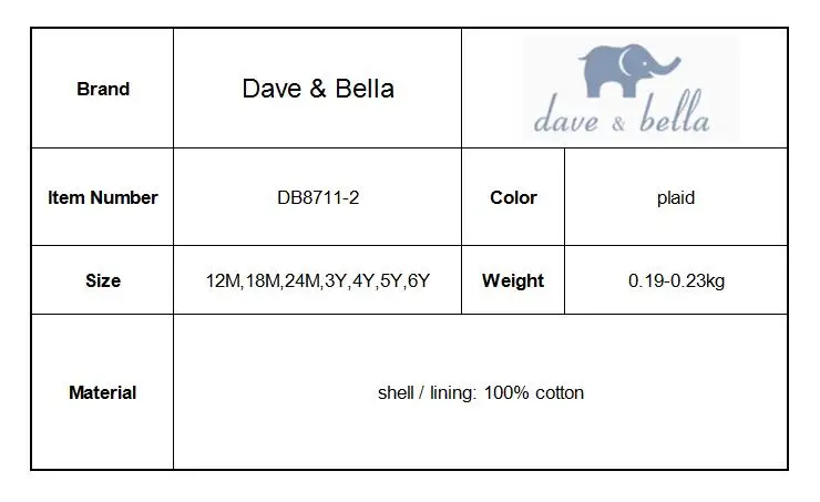 DB8711-2 dave bella/осеннее модное платье в клетку для маленьких девочек; детское платье для дня рождения; одежда для малышей