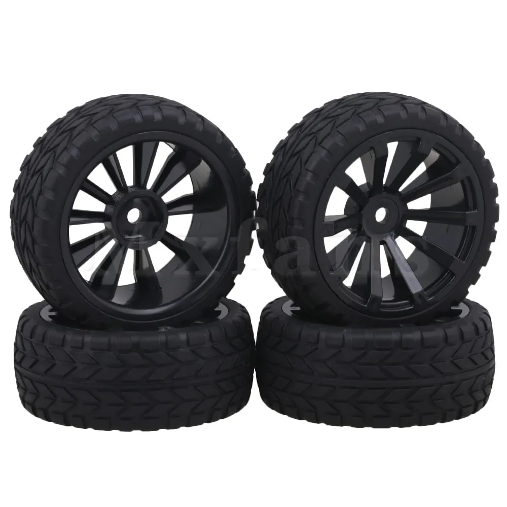 

Mxfans Black Plastic Wheel Rims + Double Row Grid Pattern Rubber Tires for RC 1:10 On Road Racing Car Pack of 4
