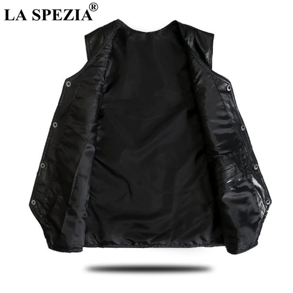 LA SPEZIA Leather Vest Men Black Formal Waistcoat Male Real Leather Slim Fit Pocket Vintage Autumn Brand Sleeveless Jacket 2019