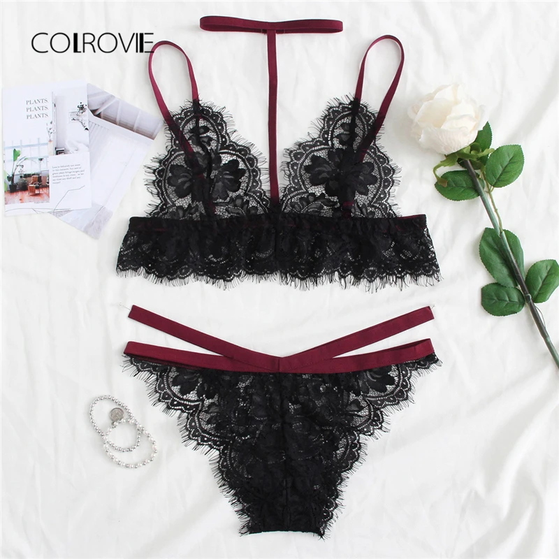 COLROVIE Detachable Halter Lace Lingerie Set 2018 Summer Adjustable Women Bra And Brief Sets Sexy Underwear Transparent Bra set