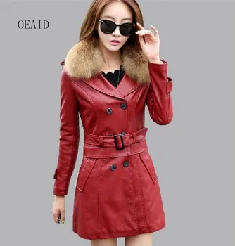 

Plus Size 3XL 4XL Raccoon Fur Collar Leather Jacket Women Leather Coat Long 2019 spring Winter Slim Ladies Jackets Coats Black