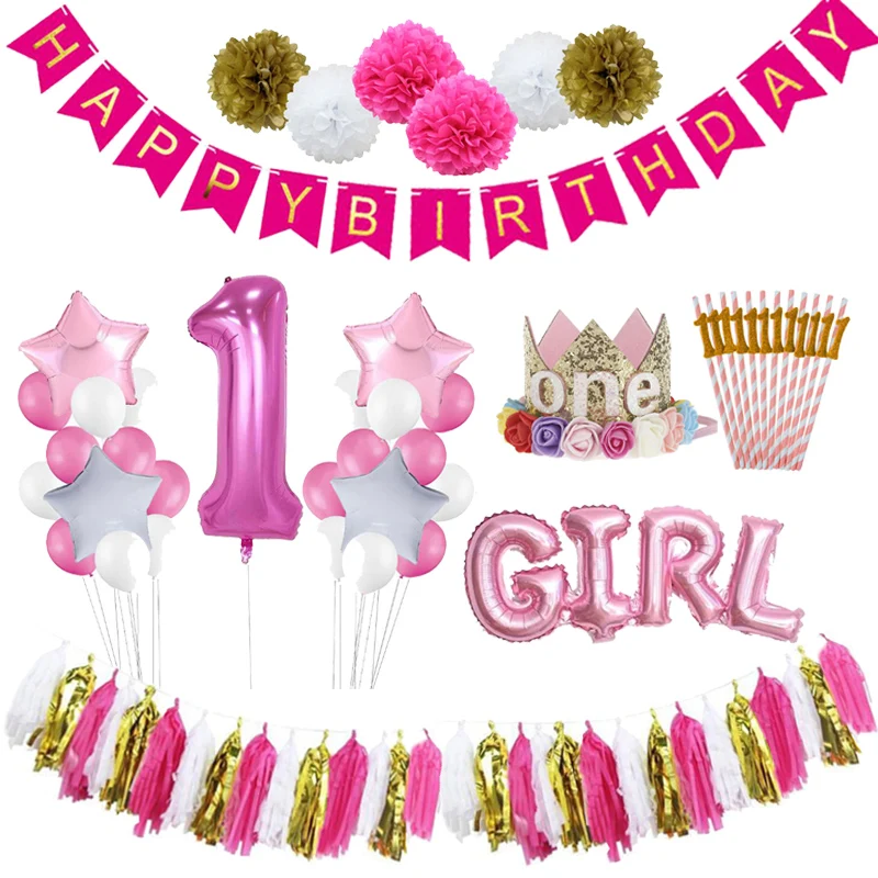 First Birthday Girl Party 1st Birthday Decor 1 Year Party Happy Birthday Banner Balloon Baby