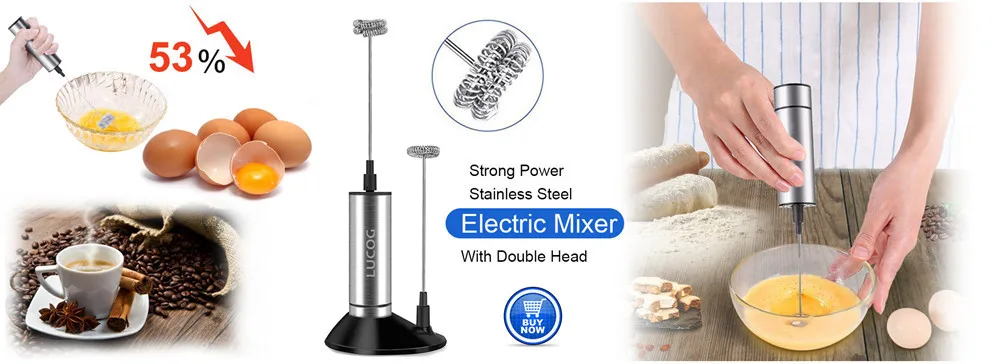 LUCOG Powerful Double Spring Whisk Electric Milk Frother Kitchen Mixer Hand Milk Foamer for Coffee Latte Cappuccino with Stand_