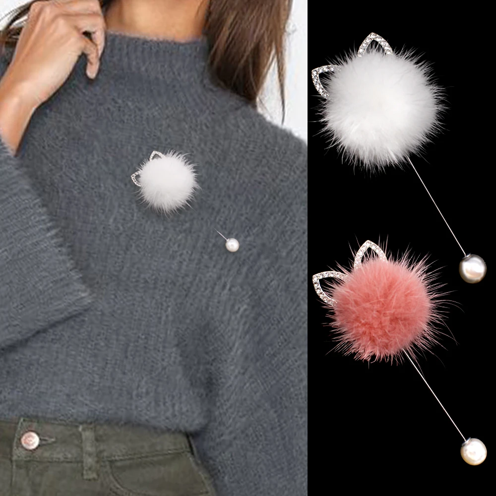 

NEW cute Rabbit ears real Mink hair fur ball Brooch Pins For Women Korean Fur pompom Piercing Lapel Brooches Collar Jewelry Gift