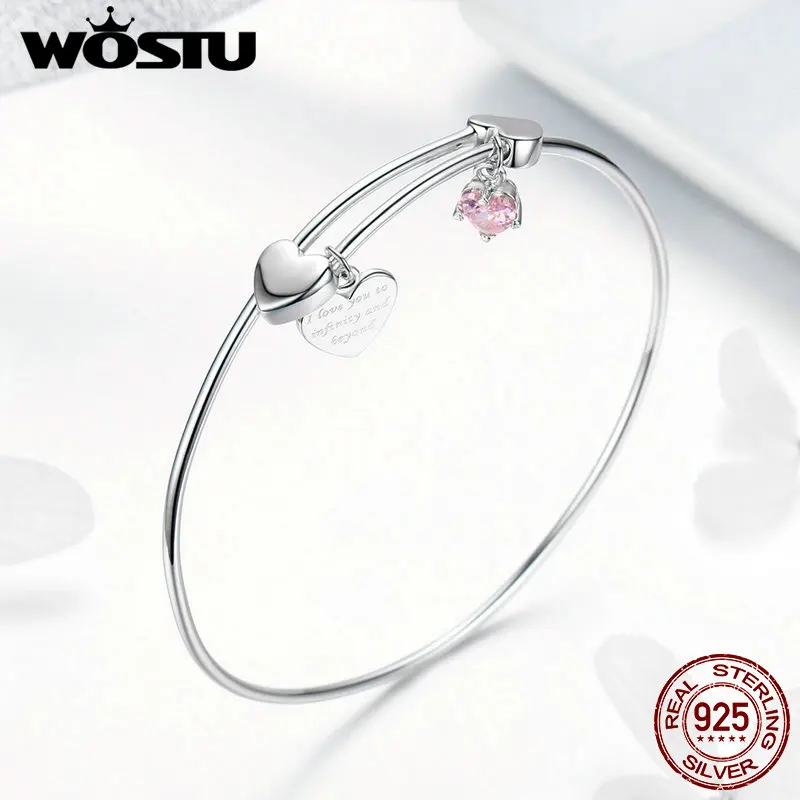 WOSTU высокое качество 925 пробы Серебряный Любовь сердце розовый циркон браслеты для женщин кулон свадебные ювелирные изделия дружбы FIB124