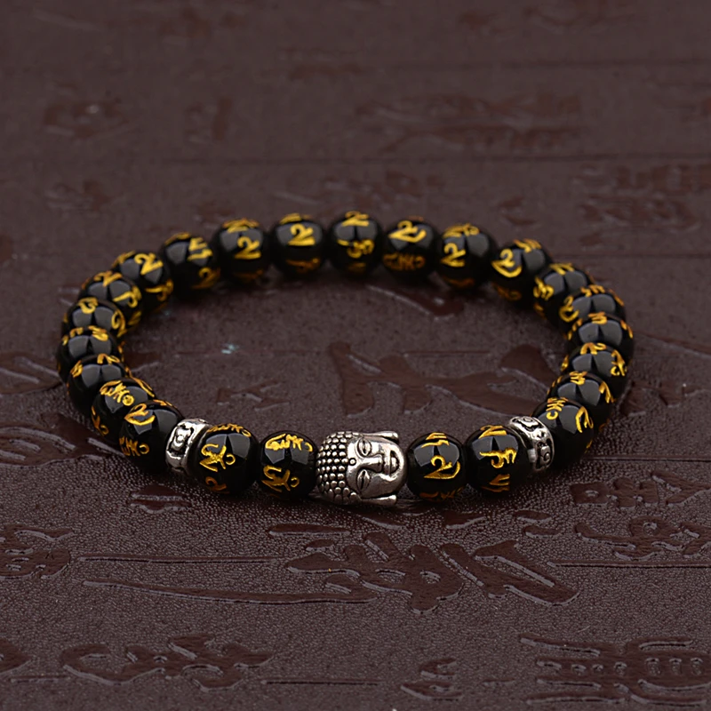 Women’s Retro Tibetan Black Beads Carve Mantra Om Mani Amulet Bracelet Men Vintage Buddhist Meditation Jewelry AB285