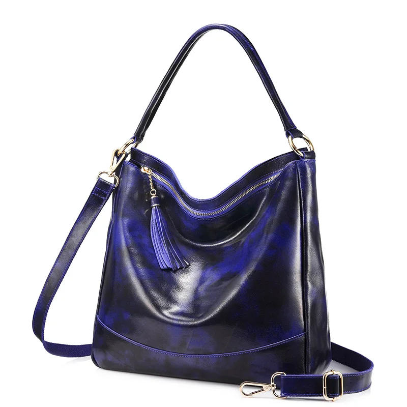 REALER Брендовые женские кожаные сумки из натуральной кожи через плечо сумка через плечо Большая вместительная сумка с кисточкой черный/коричневый - Цвет: Blue