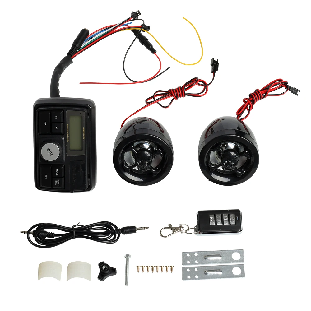 

Waterproof Moto Alarm Motorcycle Handlebar Audio Amplifier System 2.8" Skull Stereo Speaker FM MP3 USB SD For AUX remote control