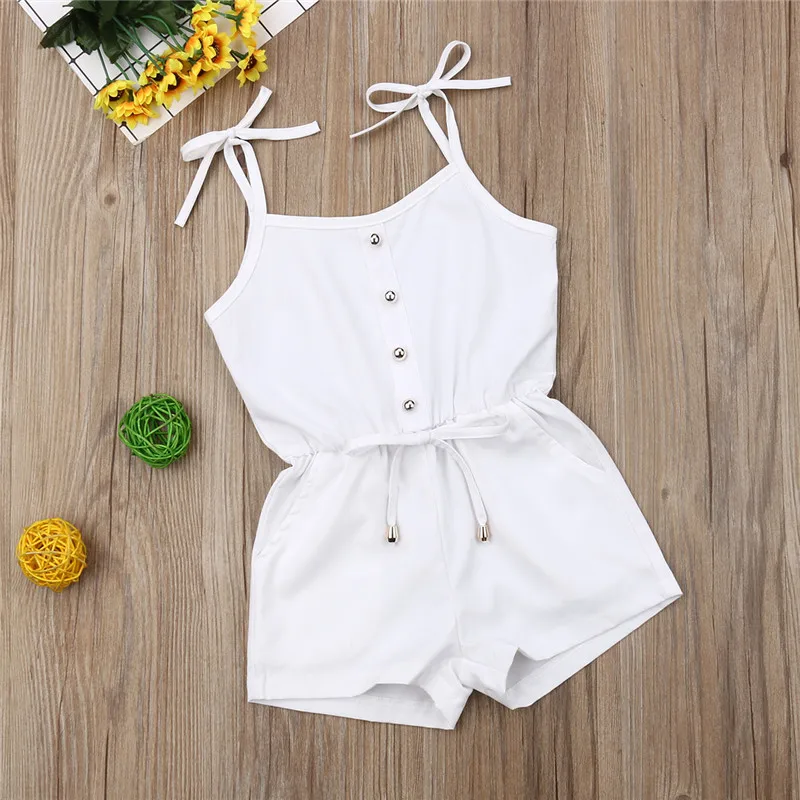 

Toddler Kids Baby Girls clothes Sleeveless Button pocket strap lovely Romper off shoulder solid Casual Jumpsuit one pieces