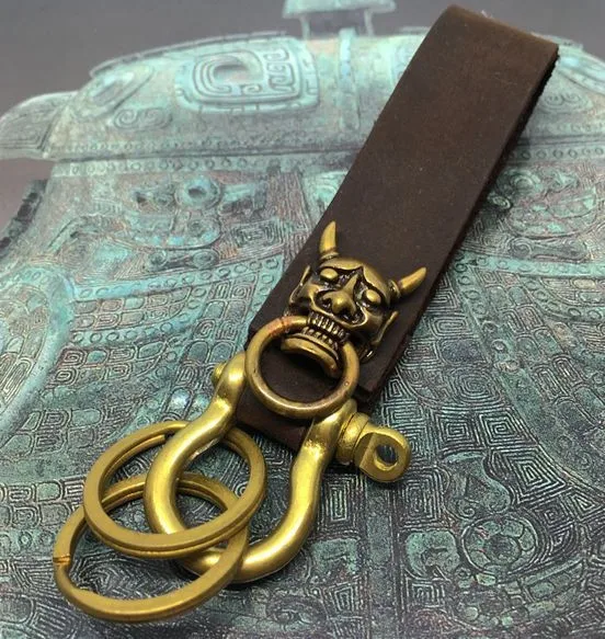 

Brass Genuine Cow Leather Keychain Keyring Evil Oni Noh Hannya DEC Clip