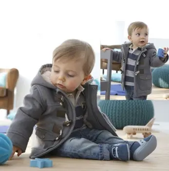 

2016 New Boys Hooded Jackets Baby Kids Fleece Horn Button Snowsuit Winter Warm Coat 3M-4Y Outwear