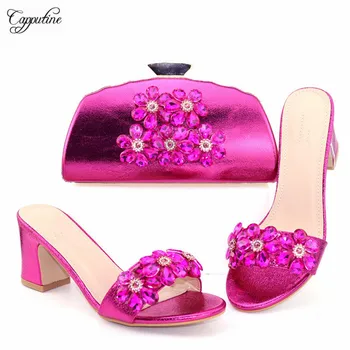 

Luxury wedding/party fuchsia high heel shoes with handbag set with stones 56896-1, heel height7.5cm