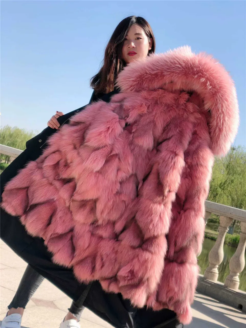 

Parka Real Fur Natural fox fur coat women big fox & raccoon dog fur collar fox fur lining female long winter Fur Coat with hood