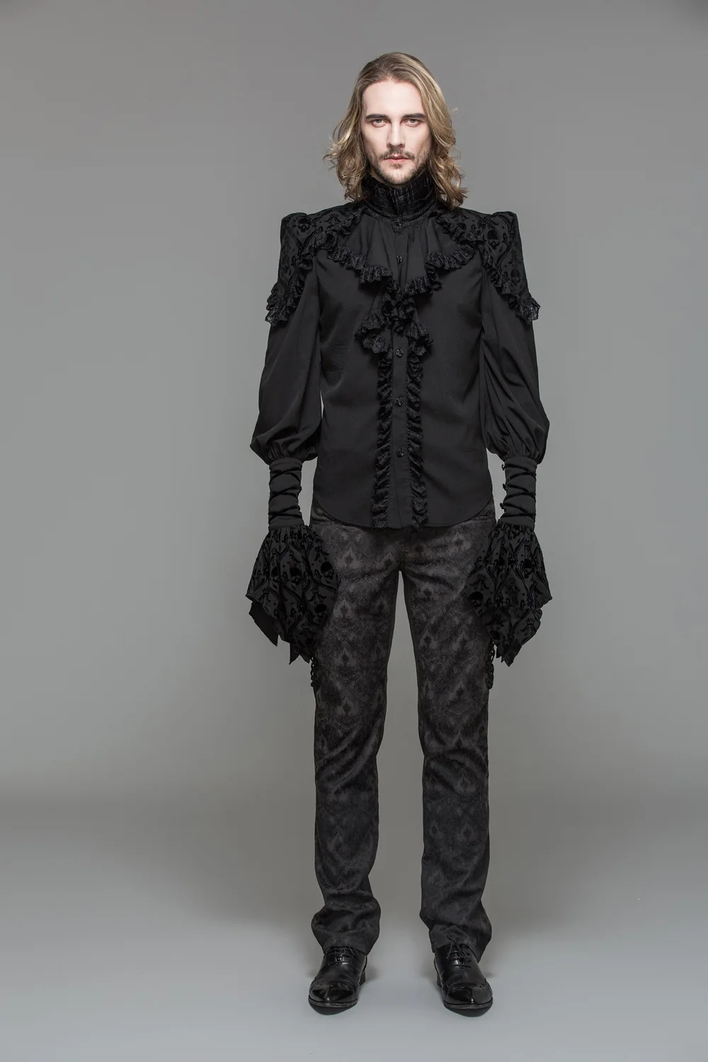 Devil модные готические черные мужские рубашки с вышивкой визуальные Kei Steampunk Stang воротник шифоновые блузки Косплей рубашки под костюм