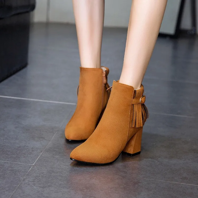 

Big Size 11 12 13 14 15 16 17 18 19 Suede pointed thick heel side zipper fringed metal decorative short barrel fringed boots